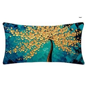 throw pillow case 12 x 20 teal and gold painted tree print, zip, washable
